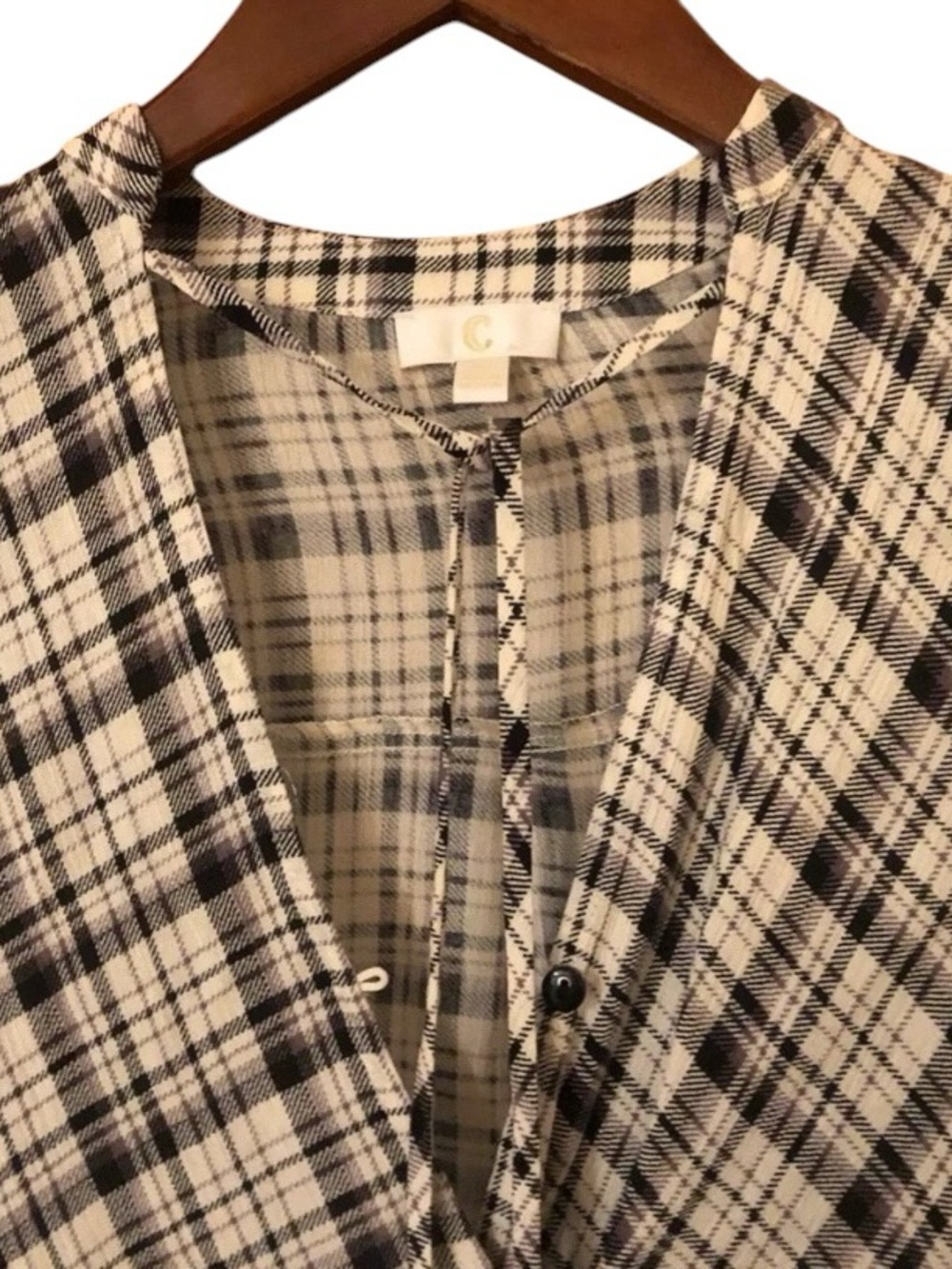 C Faux Wrap Black White Plaid blouse  classic Resortwear coastal Cowgirl western - Picture 8 of 10